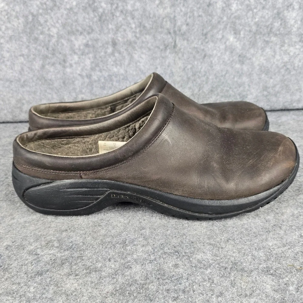 Merrell Encore Clog Mens 11 Espresso Brown Leather Faux Fur Lining Air Cushion